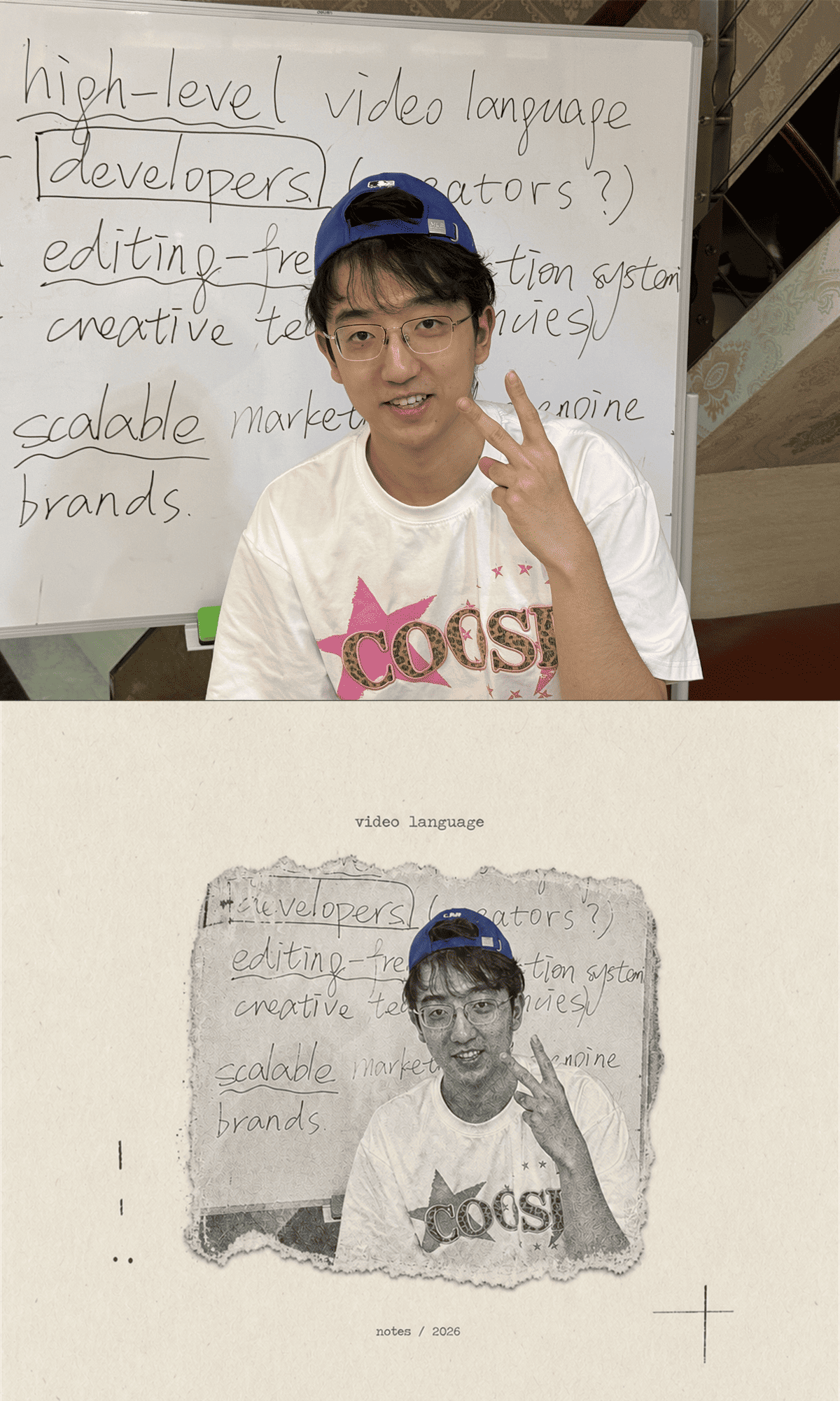 Two-panel editorial collage of Alvin in front of a whiteboard labelled high-level video language